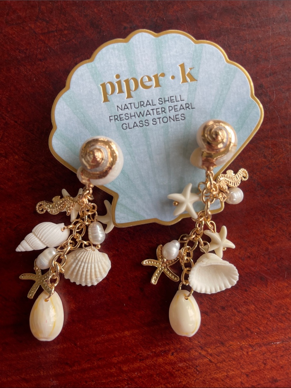 piper•k Gold & Cream Shell Drop dangly Earrings - summer jewelry - vacation set